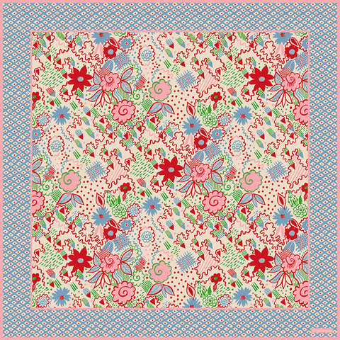 Full print Celia Birtwell scarf with a blue and red floral pattern.