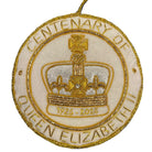 Round fabric decoration embroidered with a crown and the words 'Centenary of Elizabeth II, 1926 - 2025' against a white background
