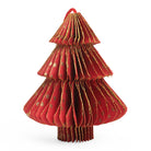 A 3D red honeycomb paper Christmas tree decoration  with gold dots.