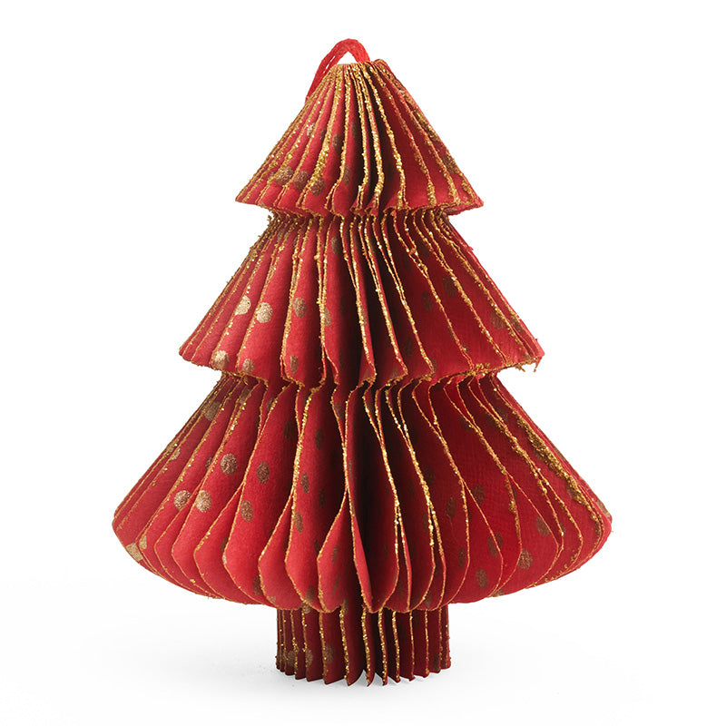A 3d red honeycomb paper christmas tree decoration  with gold dots.