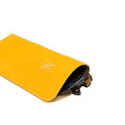 Yellow leather sunglasses case with a logo on a white background