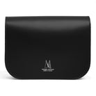 Black leather handbag with 'Village Leathers' logo on a white background