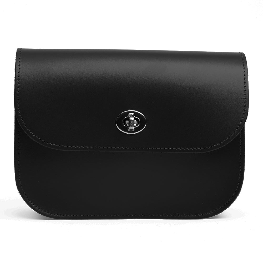 Front view of black leather handbag with a silver clasp on a white background