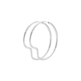 Large silver hoop earrings with a s-like bend in them.