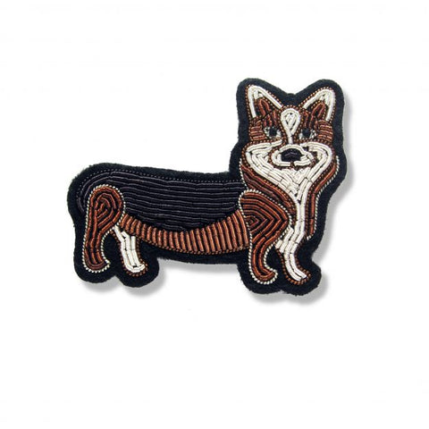 Corgi dog shaped embroidered brooch in brown, black and white. 