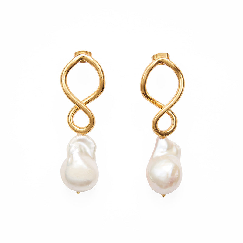 A pair of earrings each with a double golden figure of 8 shaped loop with a large pearl hanging below.
