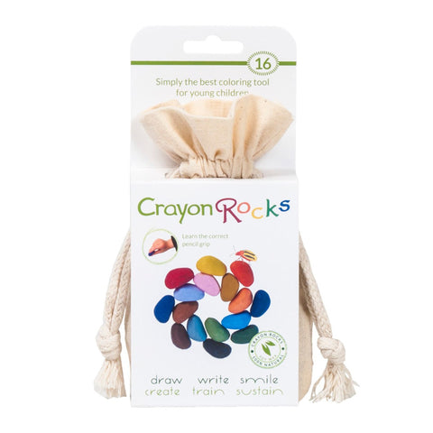 A bag of 16 primary and pastel coloured rock shaped crayons.