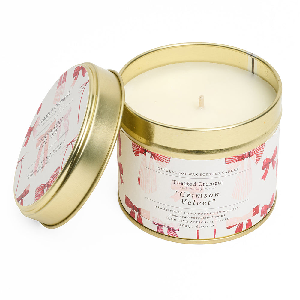 Crimson velvet candle matt gold tin open