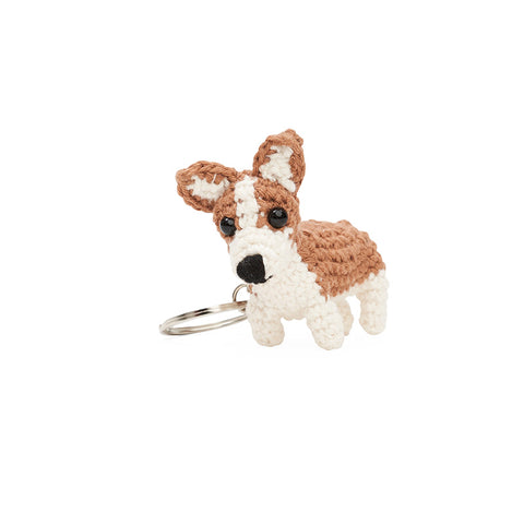 Crochet corgi dog on a keychain, front view.