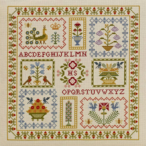 Multicoloured cross stich set with floral patterns, animal motifs and alphabets.