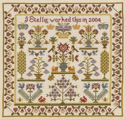 A square cross-stitch sampler featuring a pattern of roses, flowers and birds. 