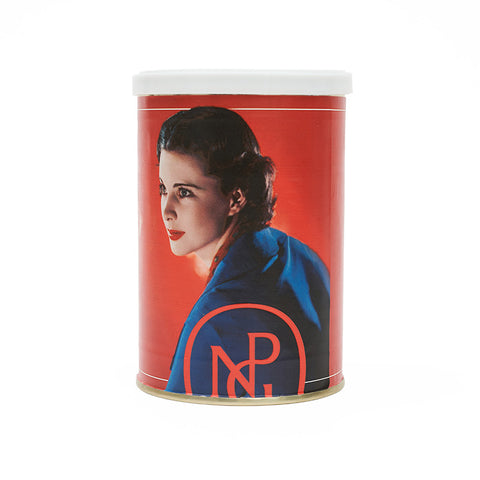 Round coffee can featuring a photograph of Vivien Leigh against a red background, with the NPG logo below in red. 
