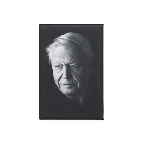 Black and white photographic portrait of David Attenborough on a rectangular magnet.