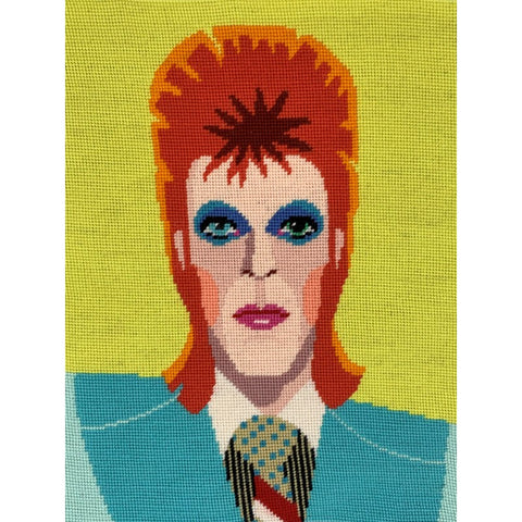 Colourful needlepoint tapestry of David Bowie. 