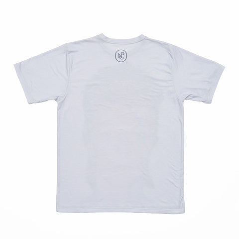 Revers of white t-shirt featuring the NPG monogram.