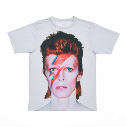 A white t-shirt featuring a large print of David Bowie in lightning bolt makeup.