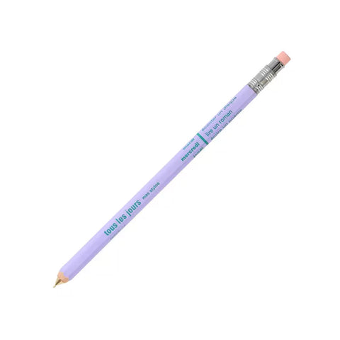Light purple mechanical pencil with hexagonal wooden outer case and an eraser topper..