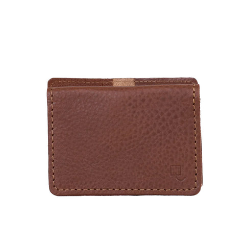 Exterior view of brown leather rectangular wallet closed. 