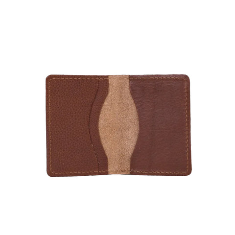 Interior view of brown rectangular wallet open with a card holder on each side.