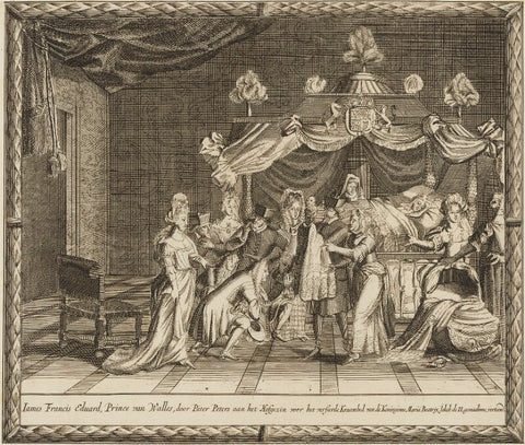 'Birth of James Francis Edward, Prince of Wales' (includes Prince James Francis Edward Stuart; Sir Edward Petre, 3rd Bt; Mary of Modena and twelve unidentified figures) NPG D49810