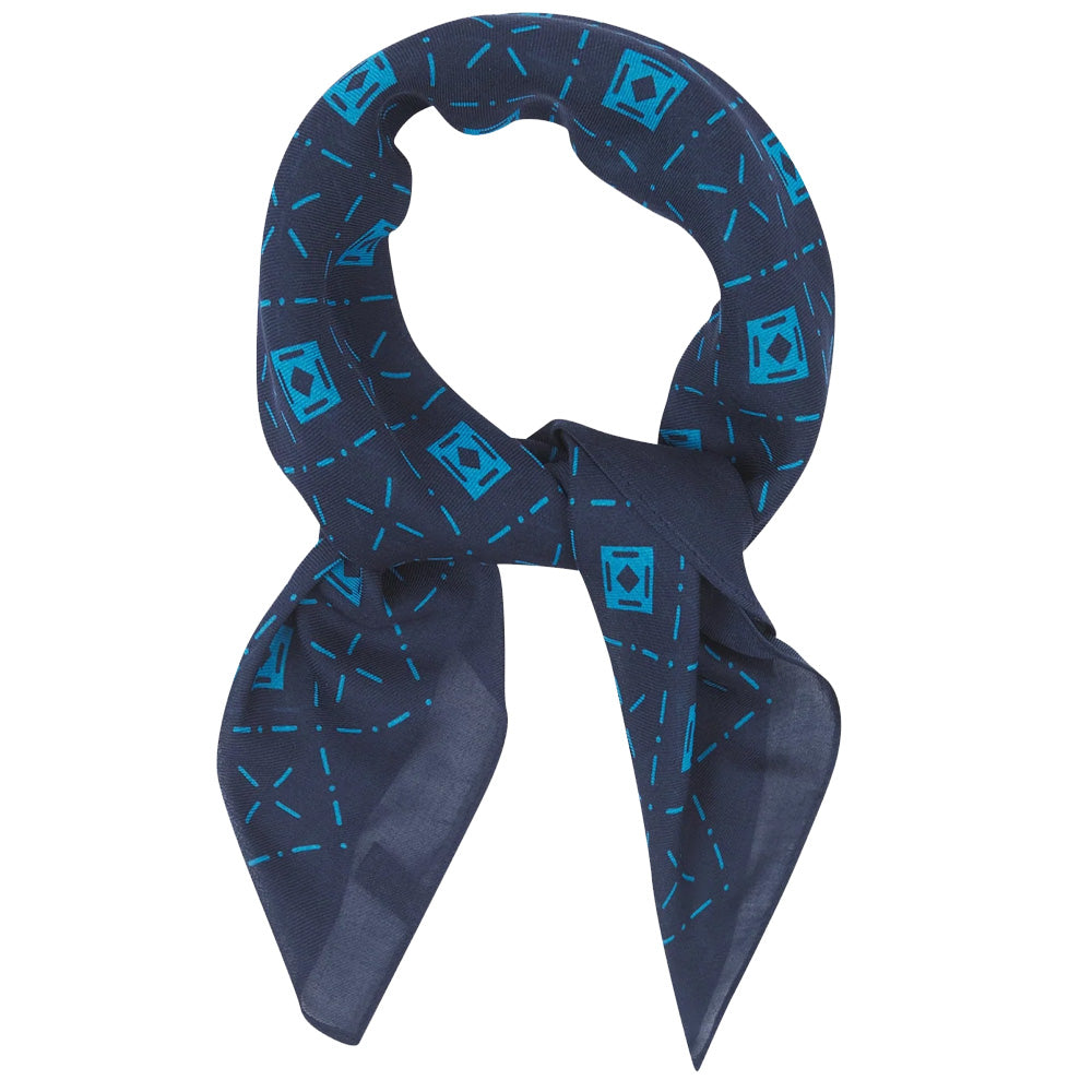 Styled navy blue scarf with blue geometric pattern on a white background