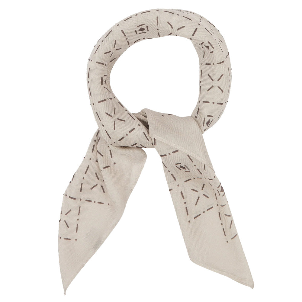 Tied beige scarf with grey diamond pattern on a white background