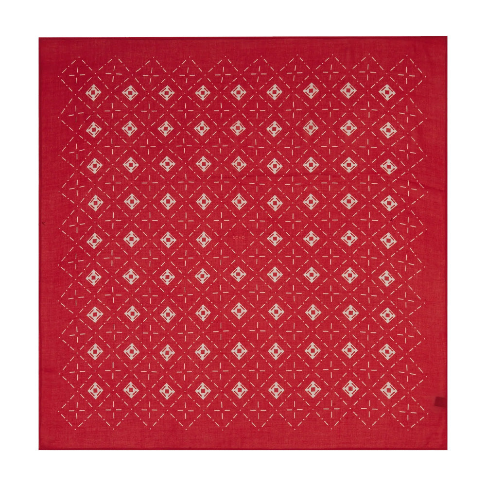 Red square bandana with geometric pattern on a white background