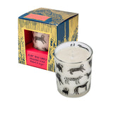 Glass candle with black line drawings of dogs on the outside with gold and blue outer box packaging.