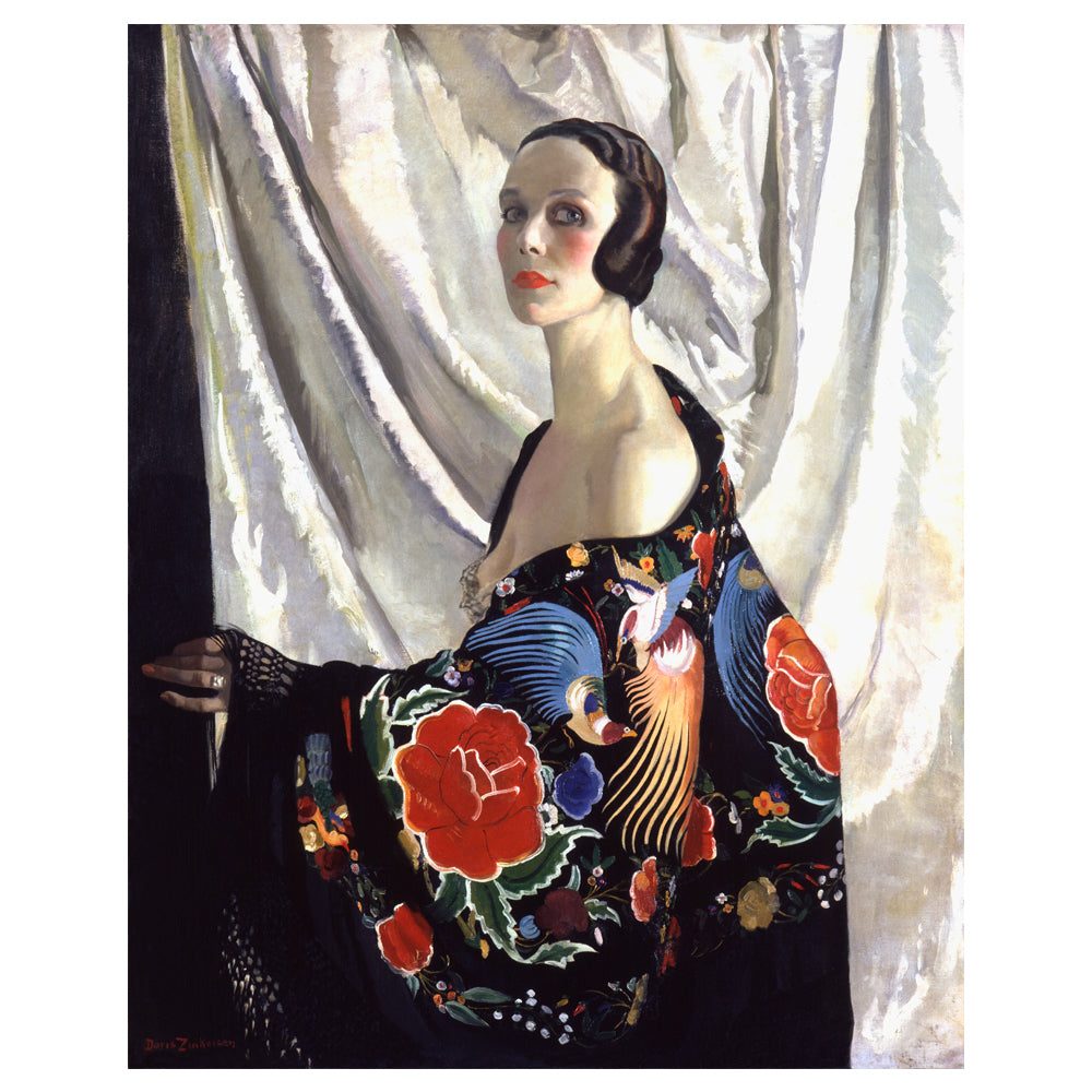 Painting of a woman wearing a colourful dress with floral patterns against a white curtain background