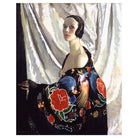 Painting of a woman wearing a colourful dress with floral patterns against a white curtain background