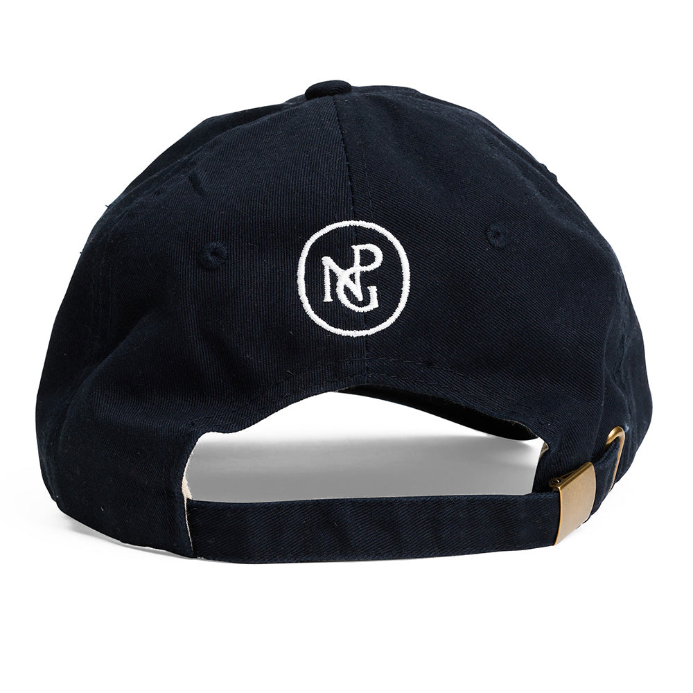 Reverse of black cap with embroidered npg monogram against a white background