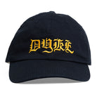 Black cap with yellow 'Dyke' word embroidery on a white background
