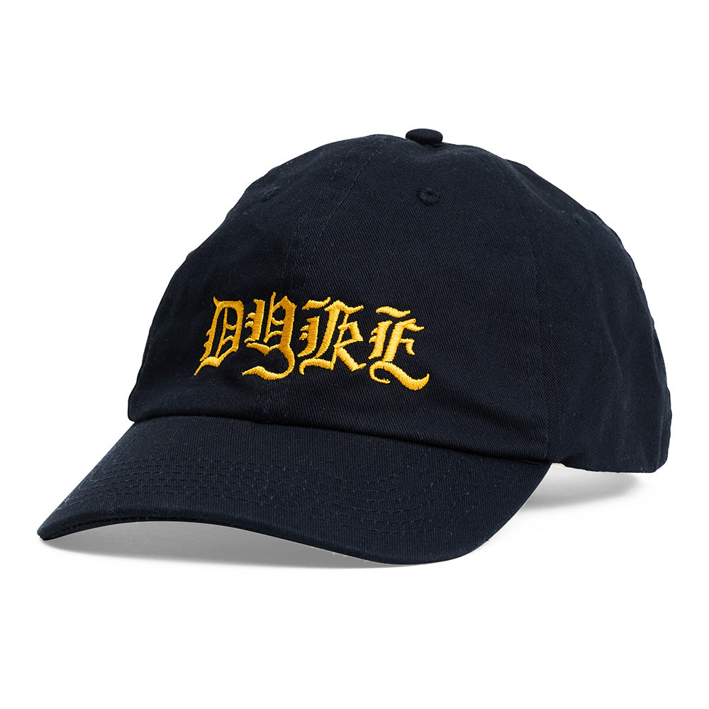 Side view of black cap with yellow embroidered 'dyke' text on a white background