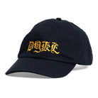 Side view of black cap with yellow embroidered 'Dyke' text on a white background