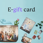 A book, magnets, bag and pouch on a blue background with 'E-Gift Card' text.