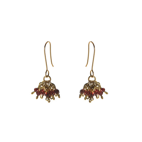 A pair of gold drop earrings with a cluster of red glass beads hanging from each one.