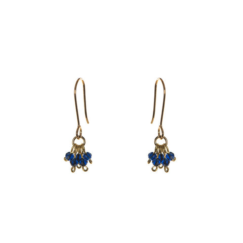 A pair of gold drop earrings featuring pendant clusters of blue glass beads.