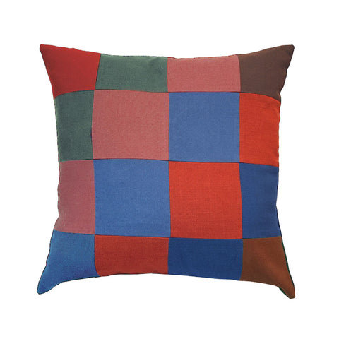 Chequered pillow cushion in multicoloured blues and reds.