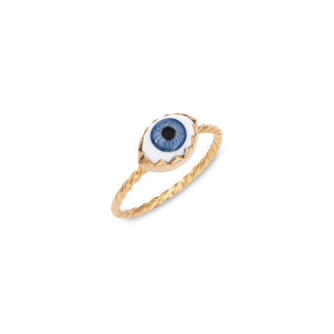 A textured gold band ring with a white and blue eyeball charm in the centre.