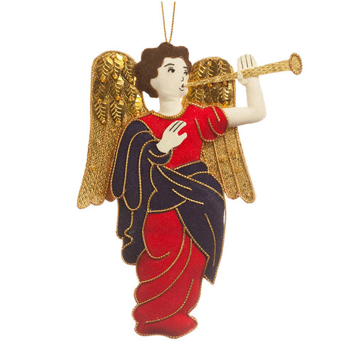 Angel shaped textile decoration in red with gold embroidered detailing. 