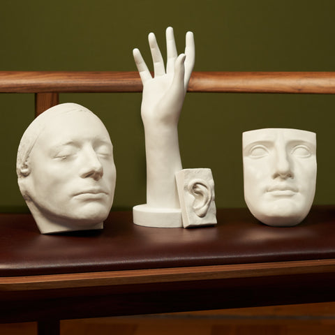 A display of 4 white plaster sculptures of the human anatomy including a hand, an ear and face against the green gallery wall.