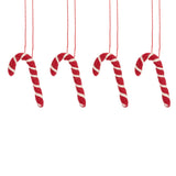 A set of 4 small, felt, red and white candy cane decorations. 