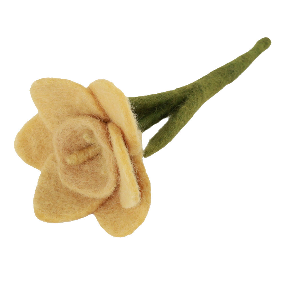 Felted yellow flower with green stem on a white background