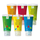 Image: six tubes of bright coloured paints in rows.