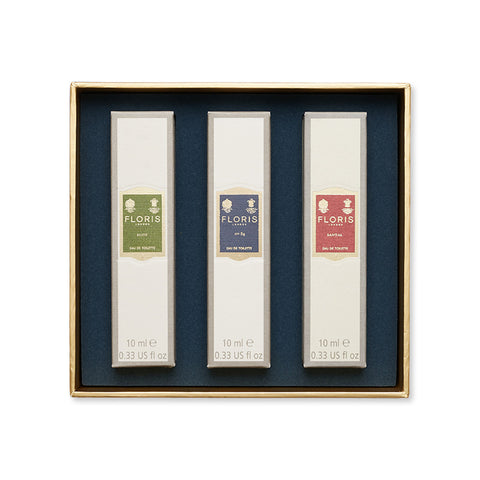 Floris gift set featuring three individually packaged Eau de Toilette fragrances in a square gift box.