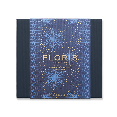 Gift set packaging featuring a square box with blue and gold star and snowflake packaging.