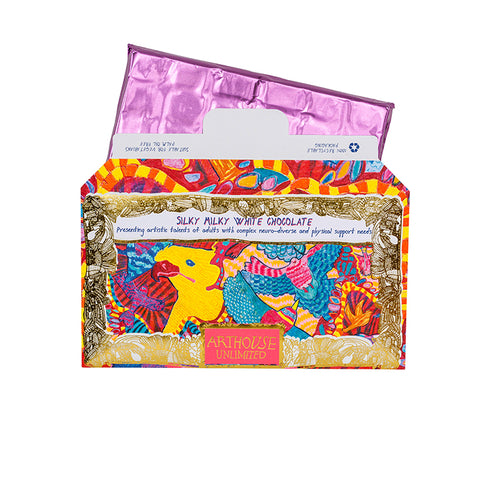 Rectangular chocolate bar packaging with a gold outer frame and inner colourful artwork with birds. 