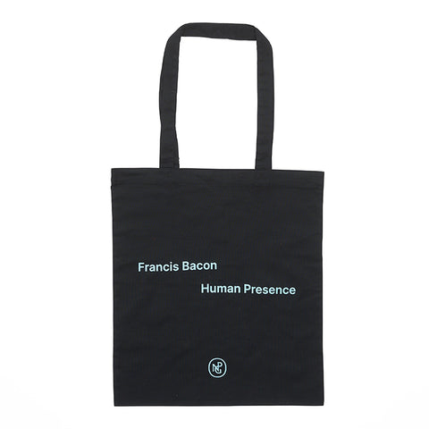 Black tote bag with Francis Bacon Human Presence with a small NPG logo at the bottom, all in bright blue print. 