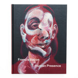 Abstract red and white portrait by Francis Bacon with the exhibition title 'Francis Bacon Human Presence' in white.