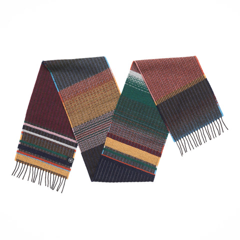 Same multicoloured scarf folded in an M shape. 